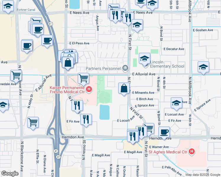 map of restaurants, bars, coffee shops, grocery stores, and more near 473 East Alluvial Avenue in Fresno