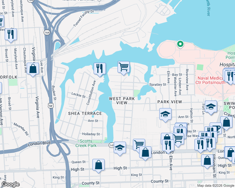 map of restaurants, bars, coffee shops, grocery stores, and more near 1708 McDaniel Street in Portsmouth