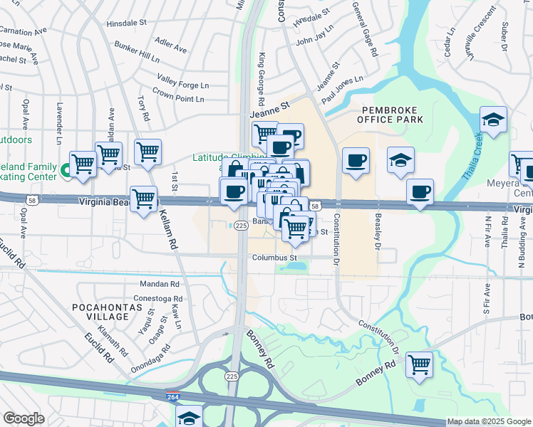 map of restaurants, bars, coffee shops, grocery stores, and more near 4565 Virginia Beach Boulevard in Virginia Beach