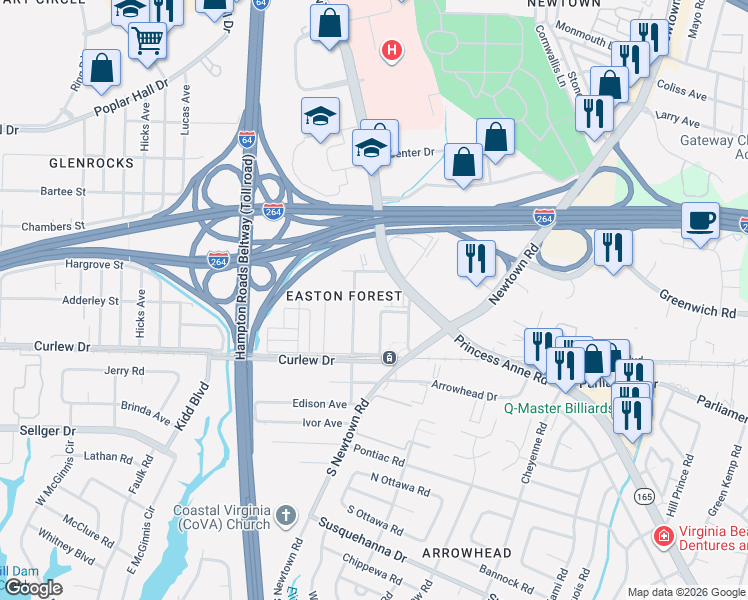 map of restaurants, bars, coffee shops, grocery stores, and more near 6170 Cleveland Street in Norfolk