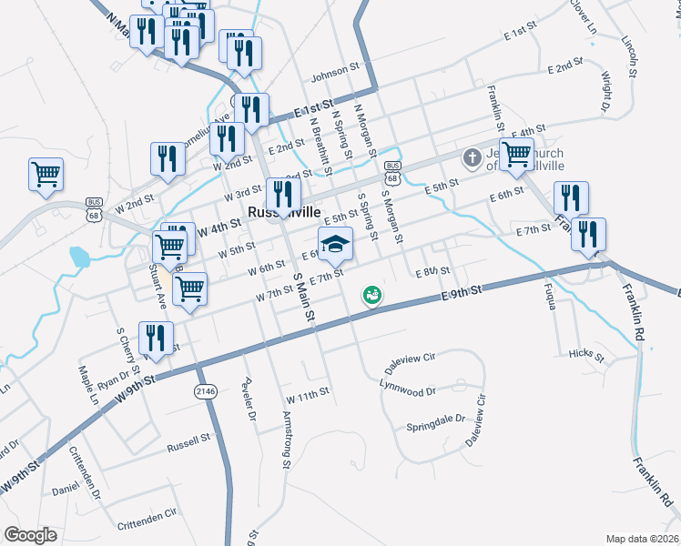 map of restaurants, bars, coffee shops, grocery stores, and more near 201-299 East 7th Street in Russellville