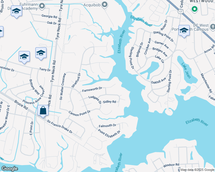 map of restaurants, bars, coffee shops, grocery stores, and more near 3720 Farnsworth Drive in Chesapeake