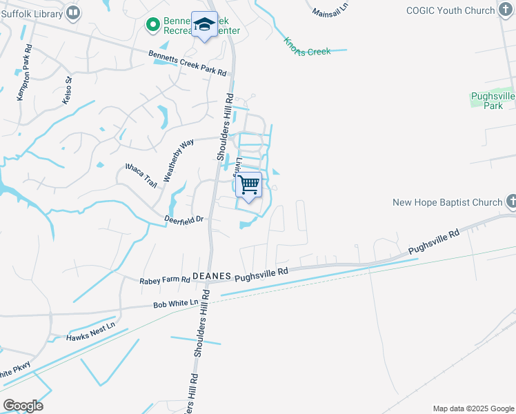 map of restaurants, bars, coffee shops, grocery stores, and more near 1113 Teton Circle in Suffolk
