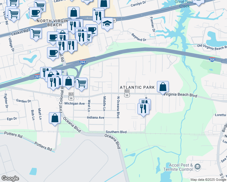 map of restaurants, bars, coffee shops, grocery stores, and more near 1516 Virginia Beach Boulevard in Virginia Beach