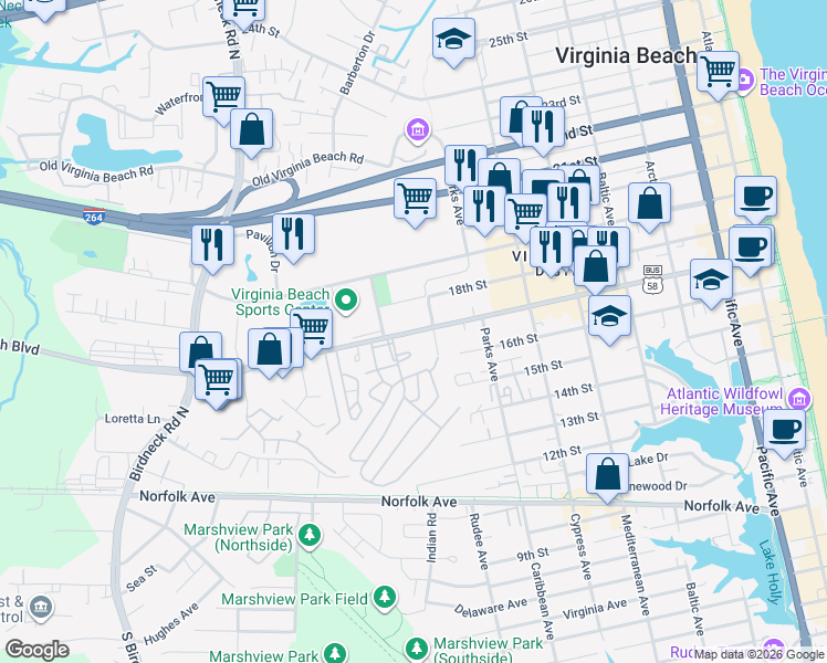 map of restaurants, bars, coffee shops, grocery stores, and more near 860 Virginia Beach Boulevard in Virginia Beach