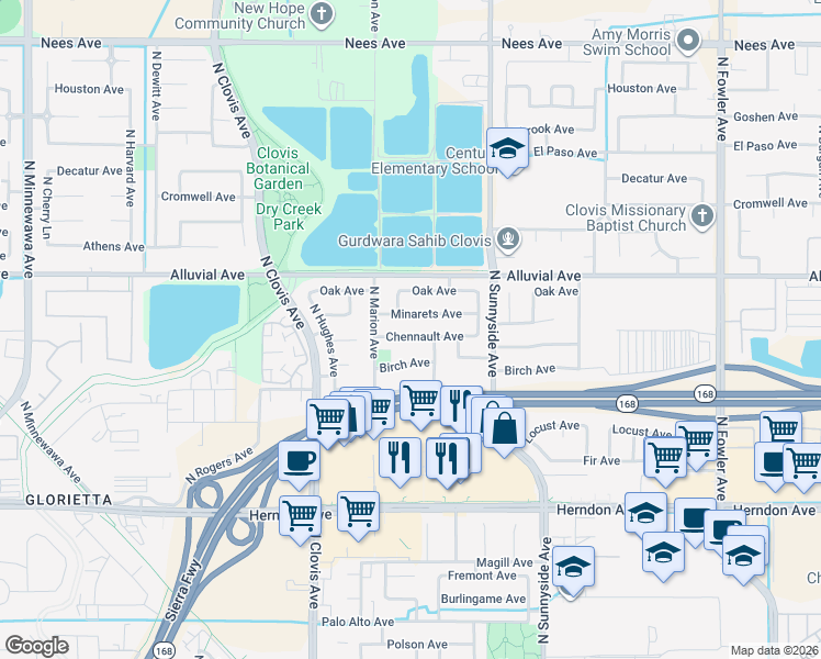 map of restaurants, bars, coffee shops, grocery stores, and more near 1155 Chennault Avenue in Clovis