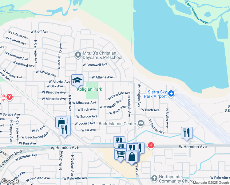 map of restaurants, bars, coffee shops, grocery stores, and more near 4968 West Pinedale Avenue in Fresno