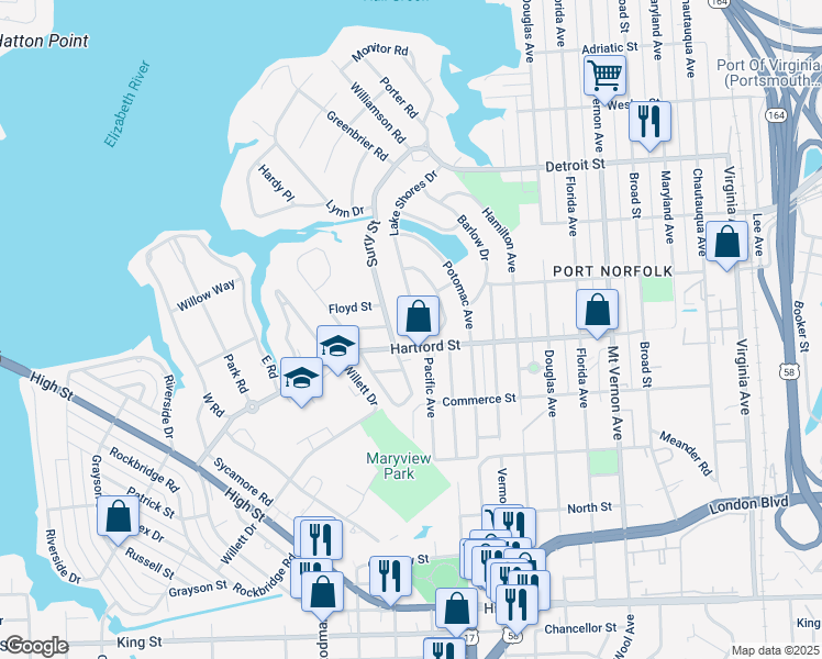 map of restaurants, bars, coffee shops, grocery stores, and more near 636 Lake Shores Drive in Portsmouth