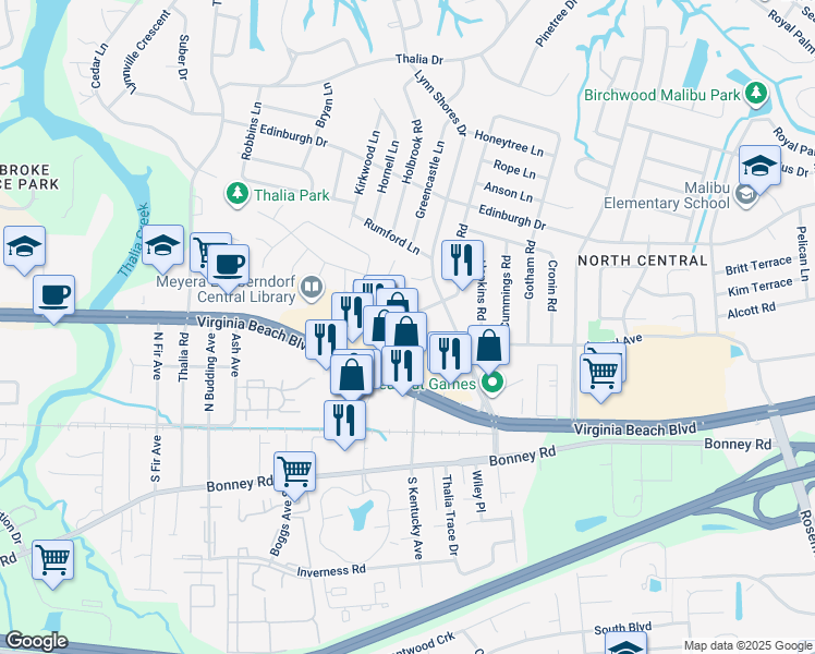 map of restaurants, bars, coffee shops, grocery stores, and more near 301 Seeman Court in Virginia Beach