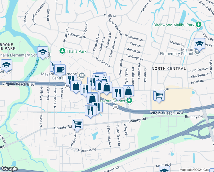 map of restaurants, bars, coffee shops, grocery stores, and more near 301 Seeman Court in Virginia Beach