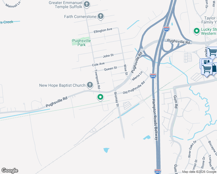 map of restaurants, bars, coffee shops, grocery stores, and more near 5212 York Street in Chesapeake