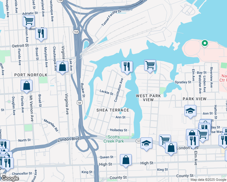 map of restaurants, bars, coffee shops, grocery stores, and more near 135 Idlewood Avenue in Portsmouth