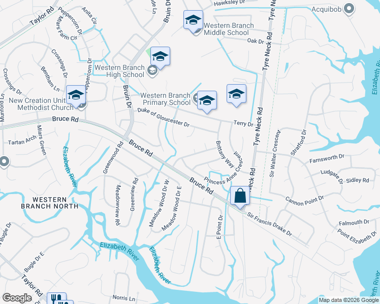 map of restaurants, bars, coffee shops, grocery stores, and more near 2920 Prince of Wales Drive in Chesapeake