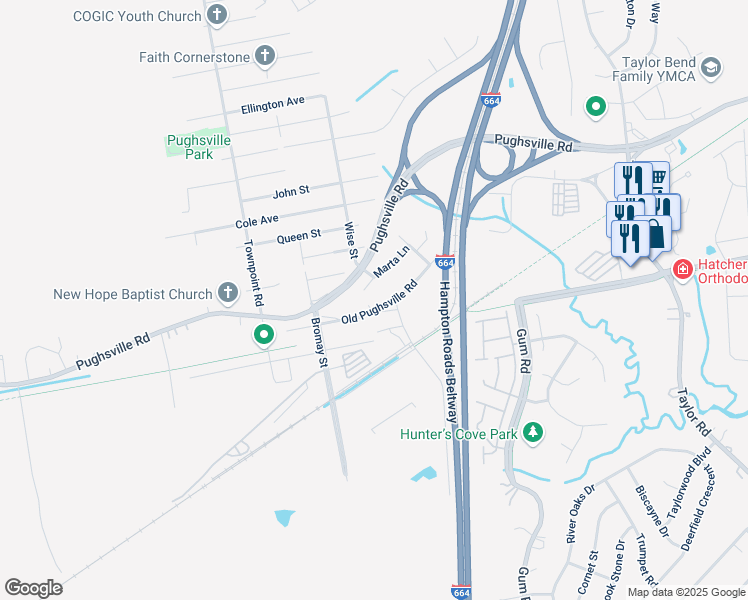 map of restaurants, bars, coffee shops, grocery stores, and more near 5104 Old Pughsville Road in Chesapeake