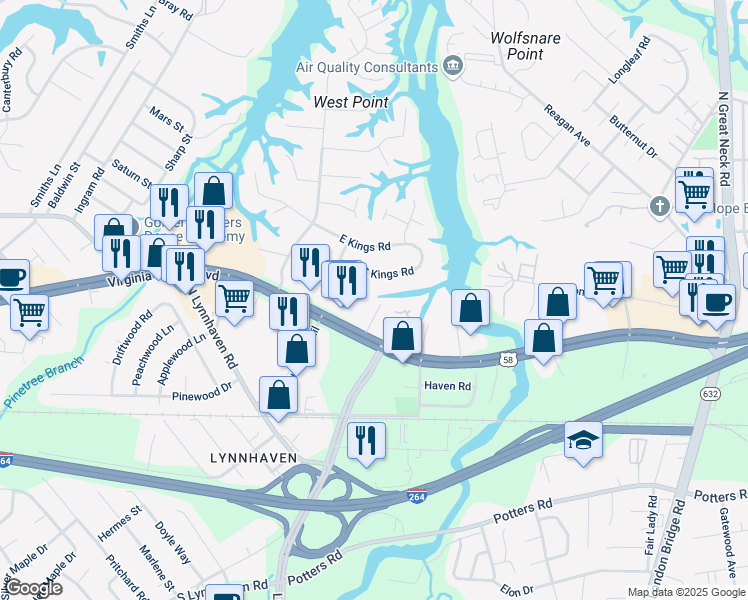 map of restaurants, bars, coffee shops, grocery stores, and more near 313 Crawford Place in Virginia Beach
