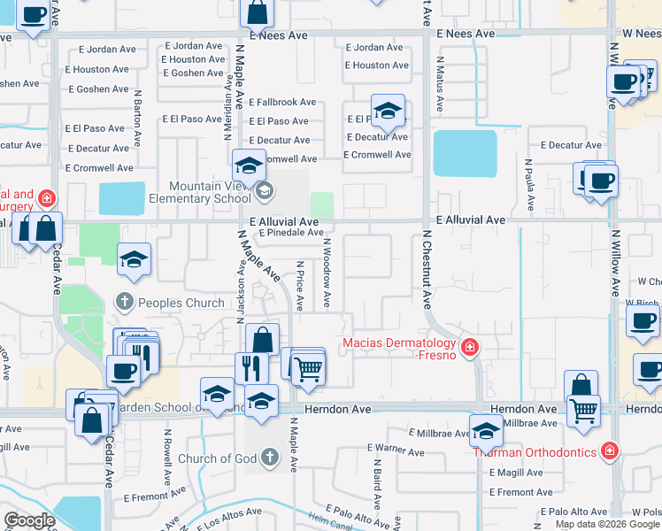 map of restaurants, bars, coffee shops, grocery stores, and more near 7434 North Woodrow Avenue in Fresno