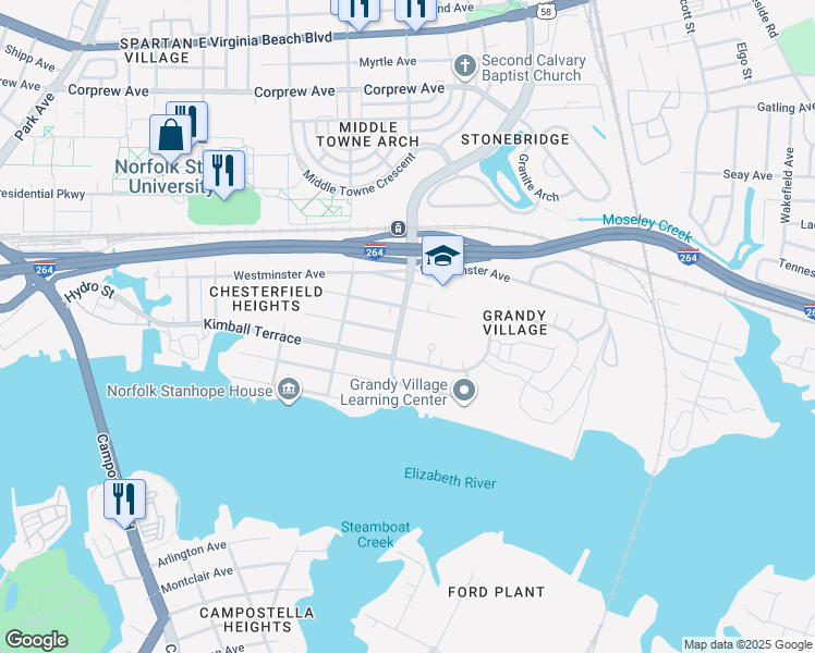 map of restaurants, bars, coffee shops, grocery stores, and more near 754 Ballentine Boulevard in Norfolk