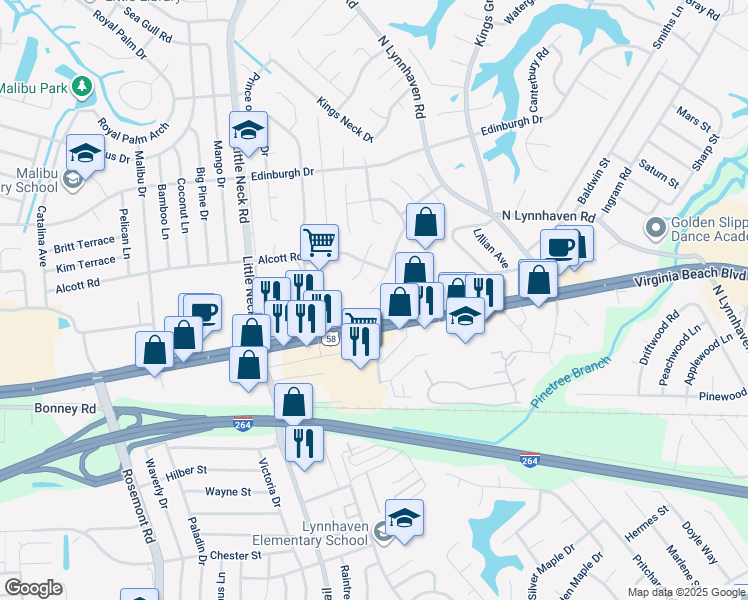 map of restaurants, bars, coffee shops, grocery stores, and more near 362 Courtney Arch in Virginia Beach