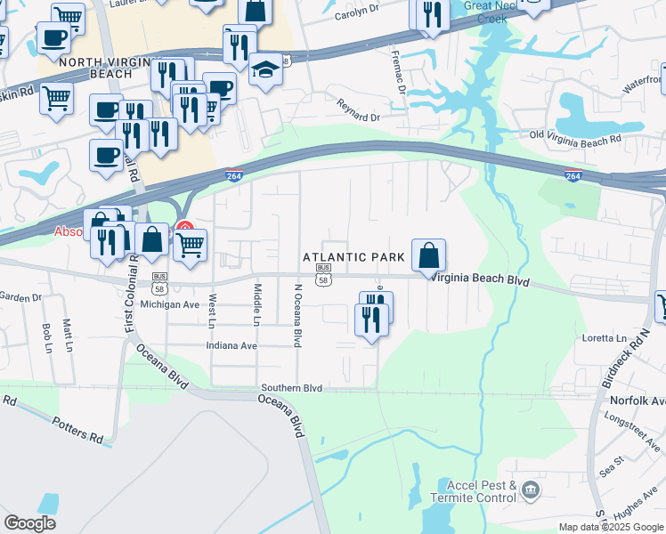 map of restaurants, bars, coffee shops, grocery stores, and more near 301 Garcia Drive in Virginia Beach