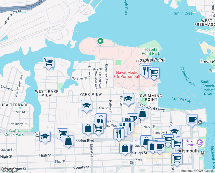 map of restaurants, bars, coffee shops, grocery stores, and more near 1028 Naval Avenue in Portsmouth