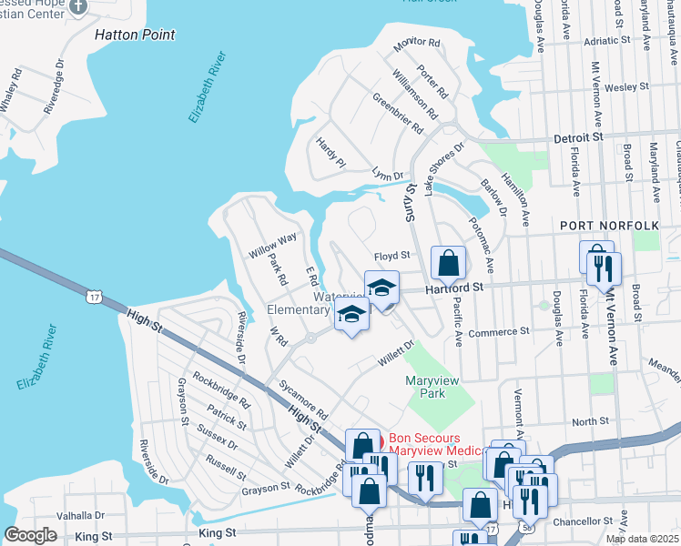 map of restaurants, bars, coffee shops, grocery stores, and more near 115 Tyler Crescent East in Portsmouth