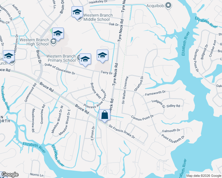 map of restaurants, bars, coffee shops, grocery stores, and more near 3003 Lord Bradford Court in Chesapeake