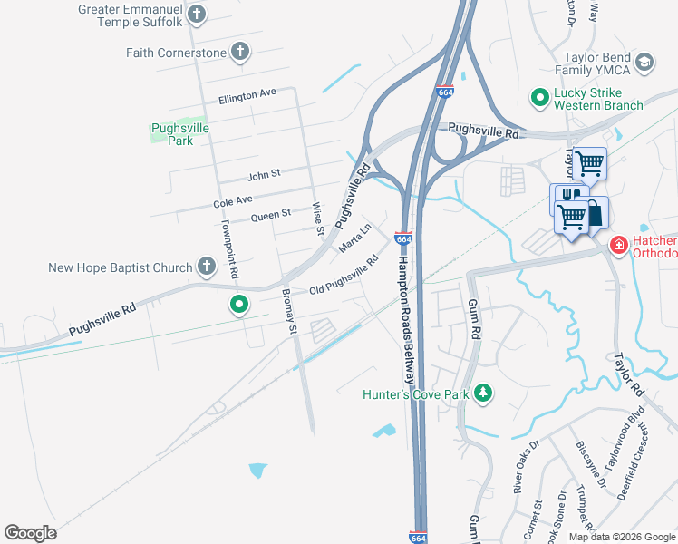 map of restaurants, bars, coffee shops, grocery stores, and more near 5104 Old Pughsville Road in Chesapeake