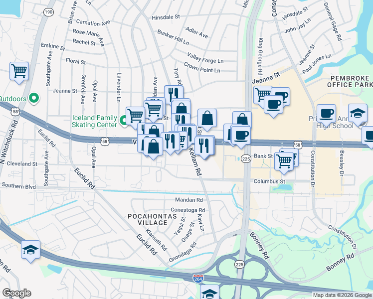 map of restaurants, bars, coffee shops, grocery stores, and more near 4753 Virginia Beach Boulevard in Virginia Beach