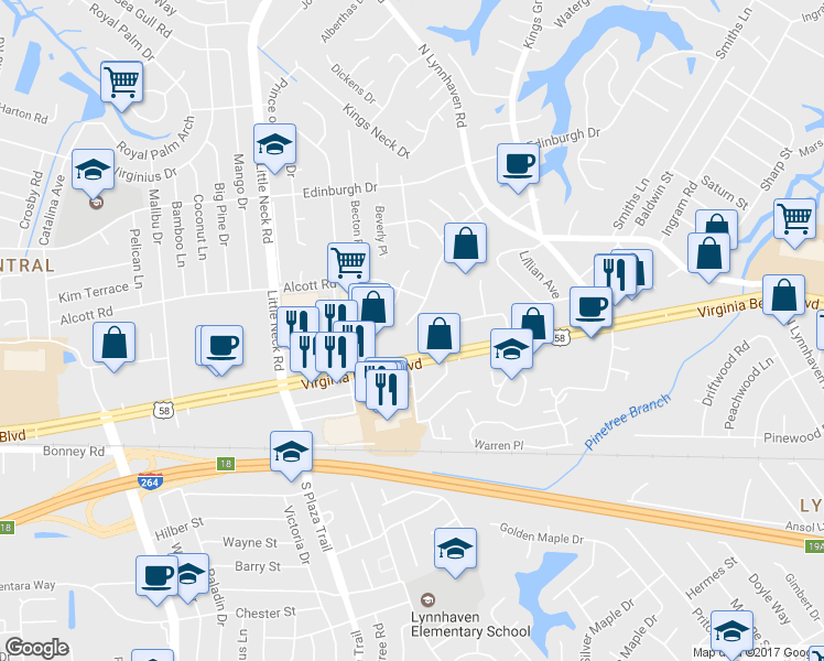 map of restaurants, bars, coffee shops, grocery stores, and more near 362 Courtney Arch in Virginia Beach
