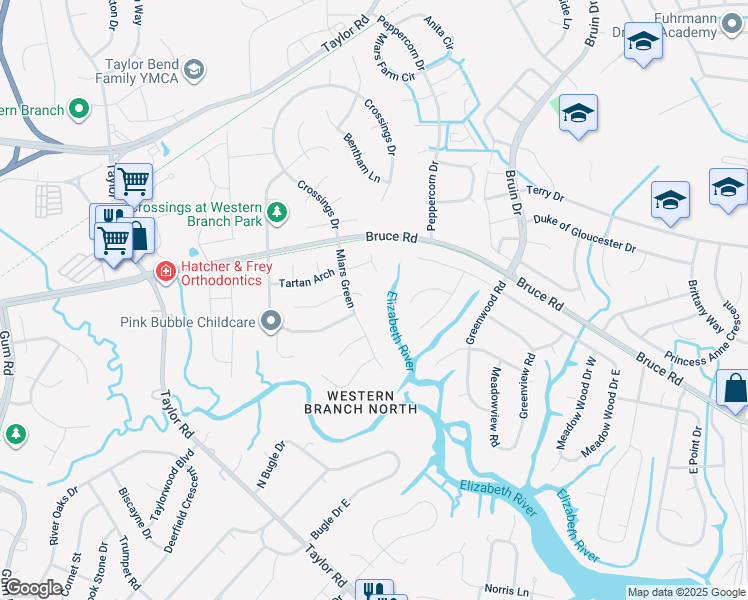 map of restaurants, bars, coffee shops, grocery stores, and more near 4201 Miars Quay in Chesapeake