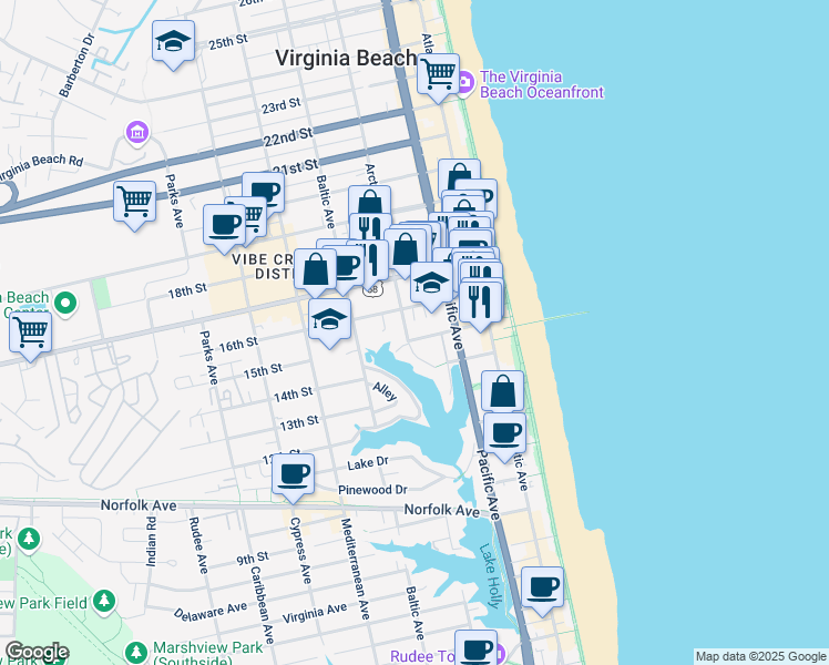 map of restaurants, bars, coffee shops, grocery stores, and more near 317 15th Street in Virginia Beach