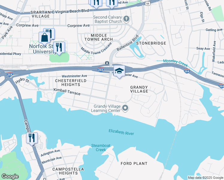 map of restaurants, bars, coffee shops, grocery stores, and more near 704 Ballentine Boulevard in Norfolk