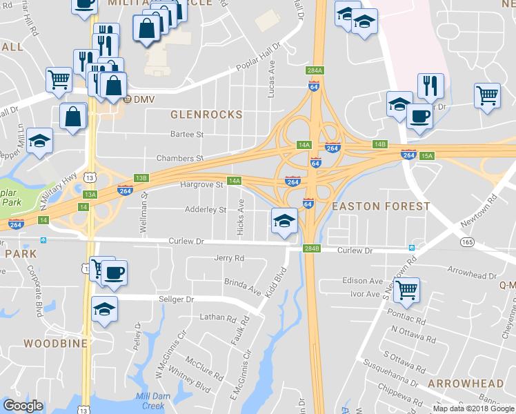 map of restaurants, bars, coffee shops, grocery stores, and more near 5960 Adderley Street in Norfolk
