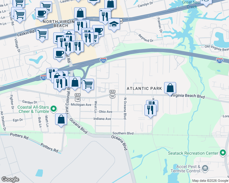 map of restaurants, bars, coffee shops, grocery stores, and more near 1516 Virginia Beach Boulevard in Virginia Beach