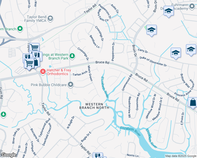 map of restaurants, bars, coffee shops, grocery stores, and more near 4201 Miars Quay in Chesapeake