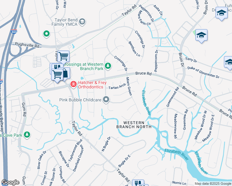 map of restaurants, bars, coffee shops, grocery stores, and more near 4422 Liam Close in Chesapeake