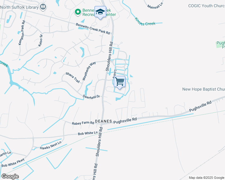 map of restaurants, bars, coffee shops, grocery stores, and more near 2107 Gentry Street in Suffolk