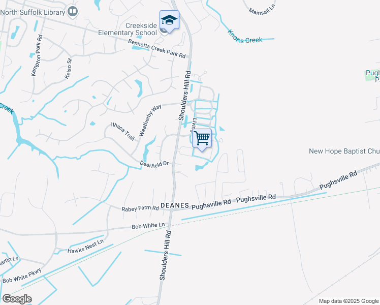 map of restaurants, bars, coffee shops, grocery stores, and more near 2107 Gentry Street in Suffolk
