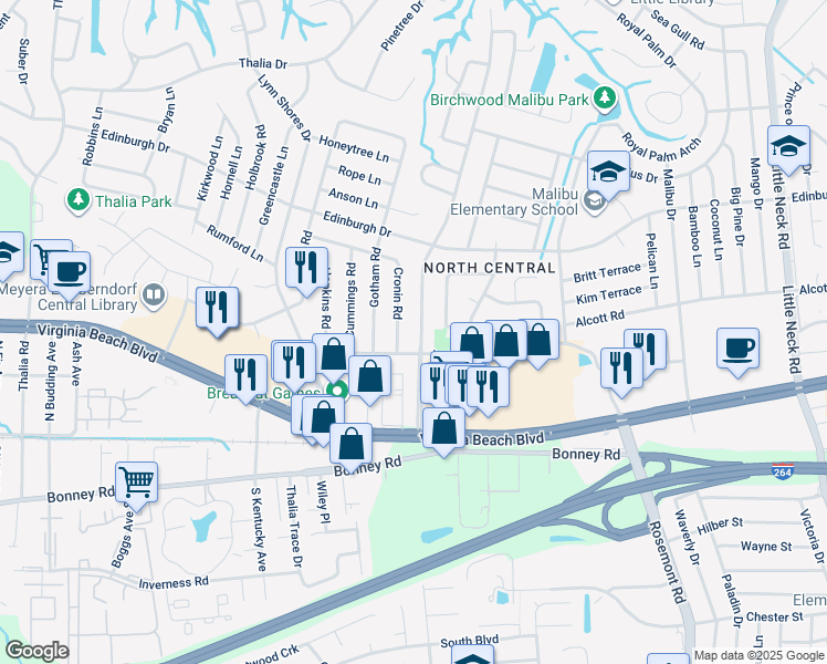 map of restaurants, bars, coffee shops, grocery stores, and more near 409 Caren Drive in Virginia Beach