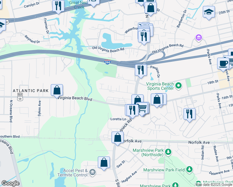 map of restaurants, bars, coffee shops, grocery stores, and more near 1153 Carver Avenue in Virginia Beach