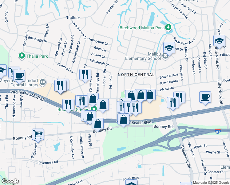 map of restaurants, bars, coffee shops, grocery stores, and more near 409 Caren Drive in Virginia Beach