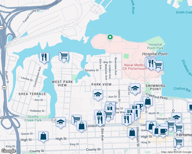 map of restaurants, bars, coffee shops, grocery stores, and more near 115 Armstrong St in Portsmouth