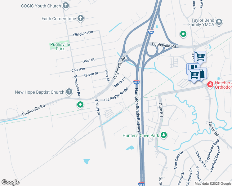 map of restaurants, bars, coffee shops, grocery stores, and more near 5104 Old Pughsville Rd in Chesapeake