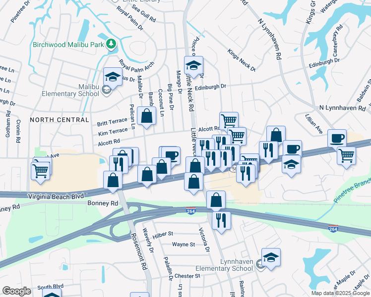 map of restaurants, bars, coffee shops, grocery stores, and more near 333-355 Little Neck Rd in Virginia Beach