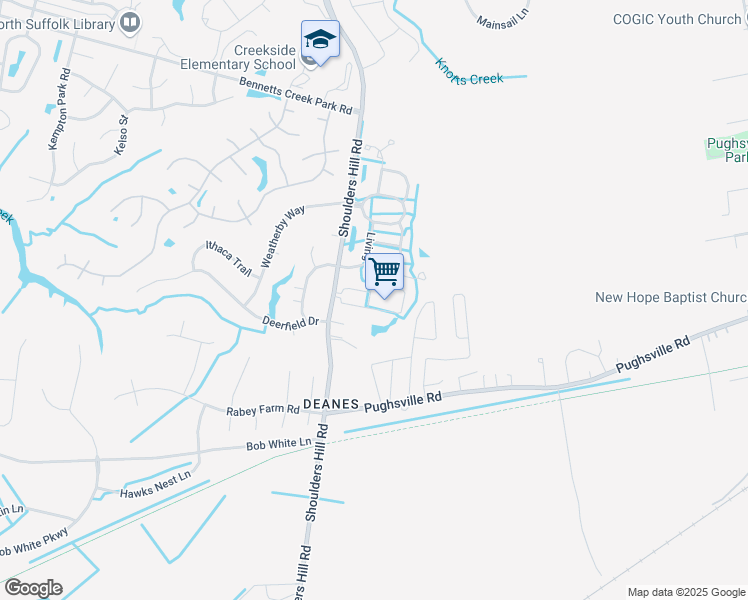 map of restaurants, bars, coffee shops, grocery stores, and more near 2014 Gentry Street in Suffolk
