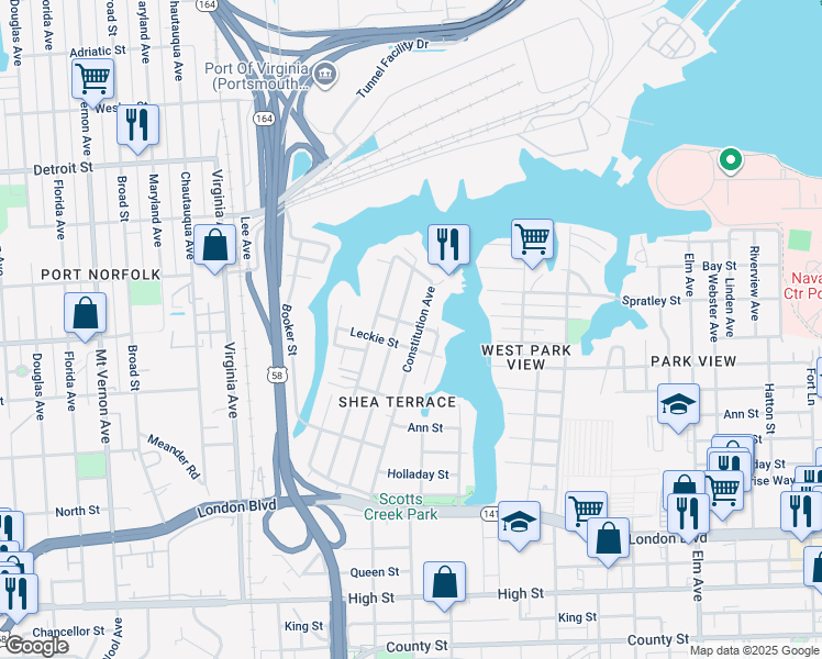 map of restaurants, bars, coffee shops, grocery stores, and more near 135 Idlewood Avenue in Portsmouth