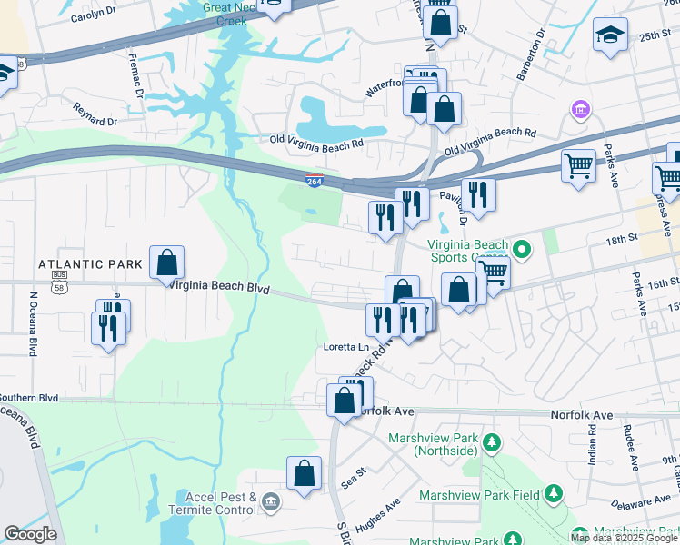 map of restaurants, bars, coffee shops, grocery stores, and more near 1153 Carver Avenue in Virginia Beach