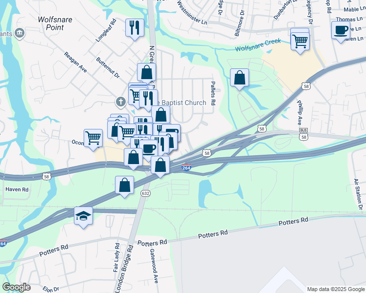 map of restaurants, bars, coffee shops, grocery stores, and more near 300 Eastwood Circle in Virginia Beach
