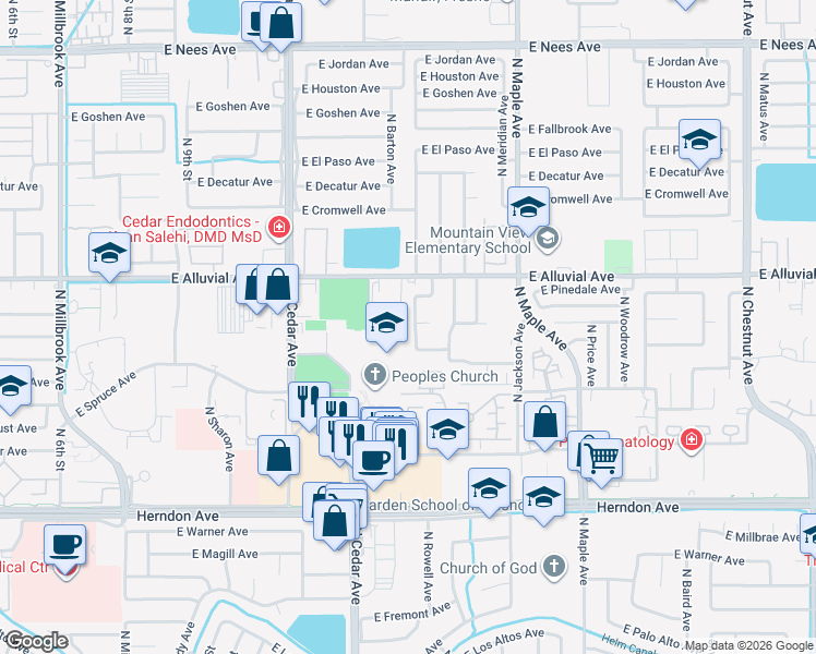 map of restaurants, bars, coffee shops, grocery stores, and more near 7385 North Mansionette Drive in Fresno