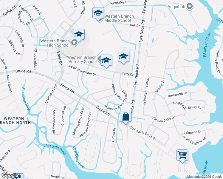 map of restaurants, bars, coffee shops, grocery stores, and more near 2941 Prince of Wales Drive in Chesapeake